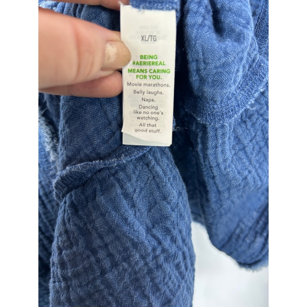 Aerie Blue Cotton Gauze Tiered Mini Dress V-Neck Raw Hem Boho XL - Picture 4 of 7